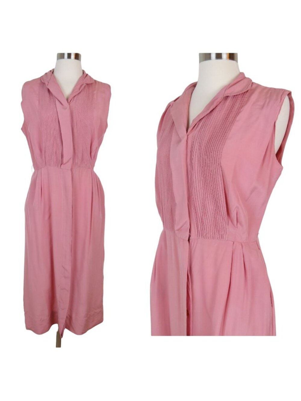 VINTAGE 1950s Women's Pink Slim Pinup Shirtdress with Pintucks